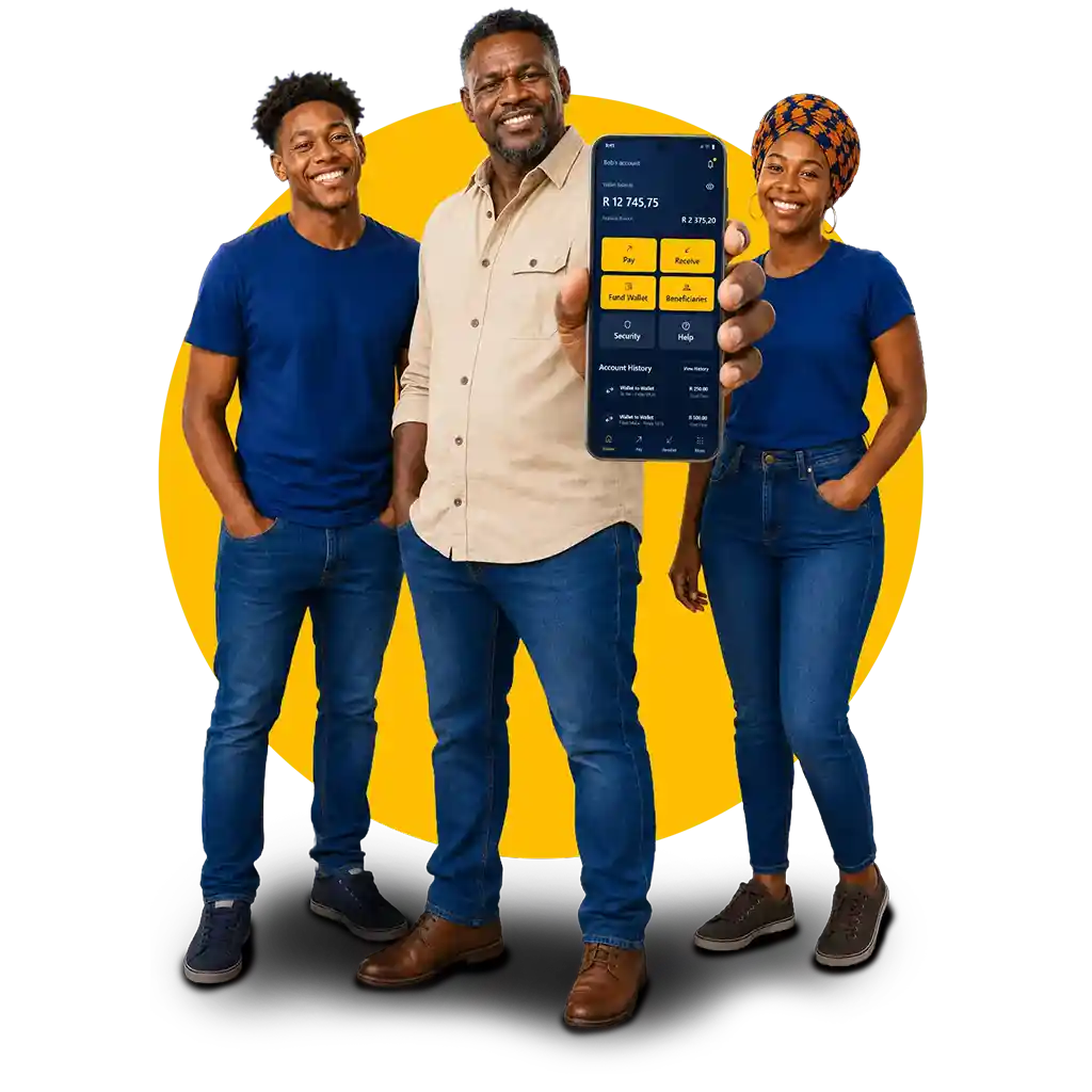 Three iKWAZA customers with the mobile payment app